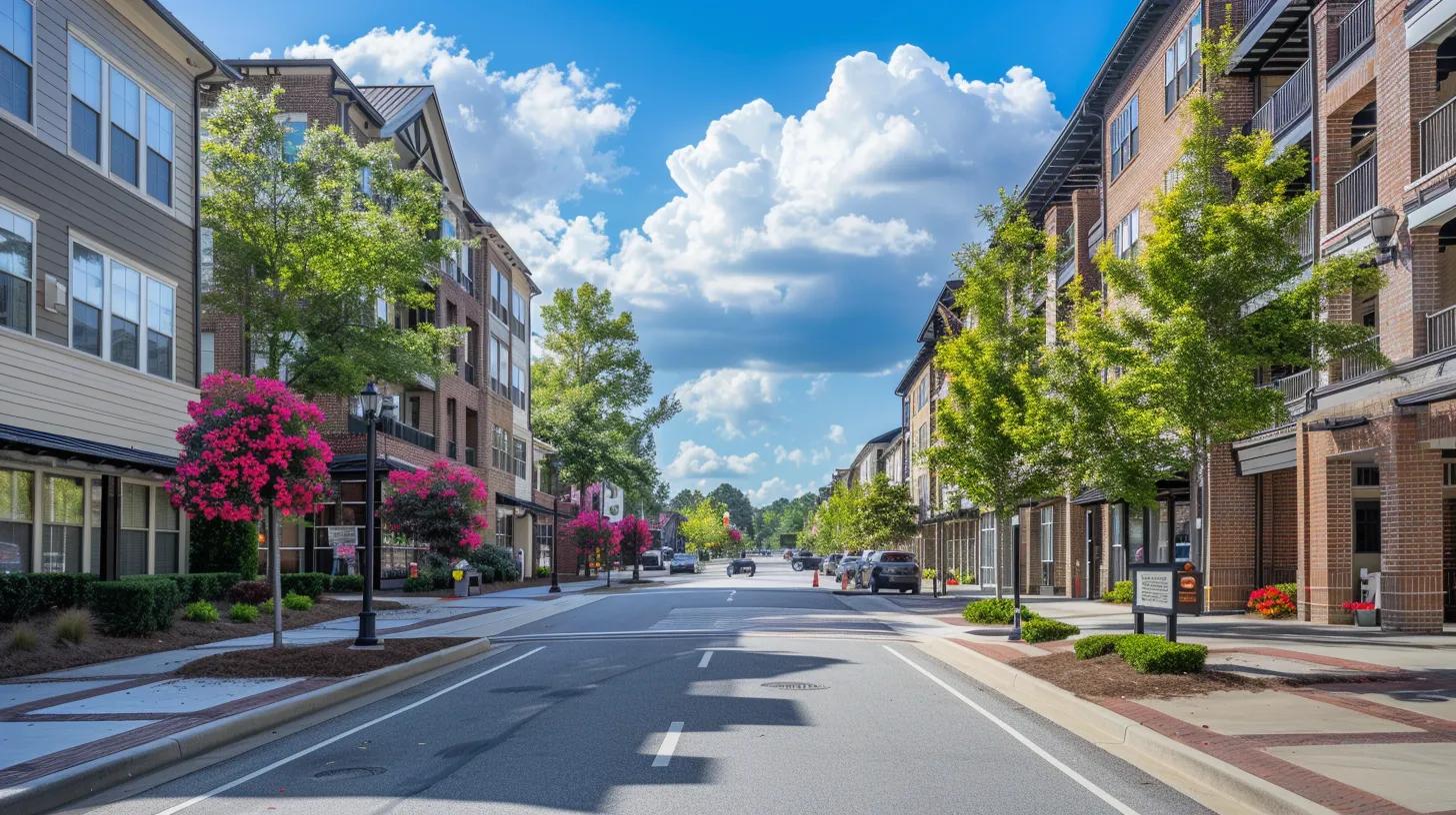 a vibrant streetscape in kennesaw showcasing diverse rental options, with modern apartments flanking a bustling walkway, highlighting the blend of urban convenience and community charm.