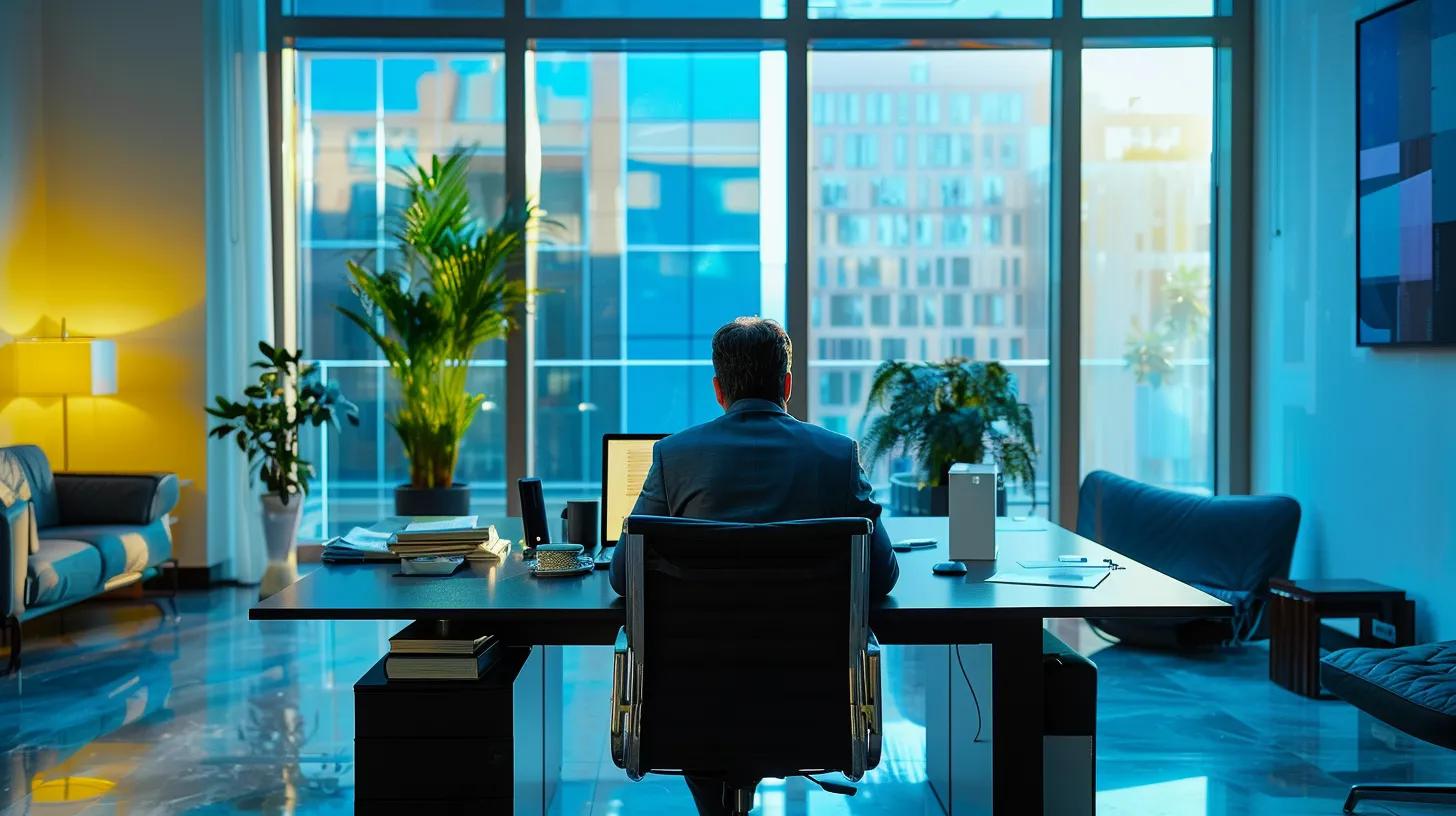 a sleek, modern office space showcases a focused individual sitting at a polished desk, surrounded by organized documents and a laptop, symbolizing the meticulous rental application process in kennesaw.