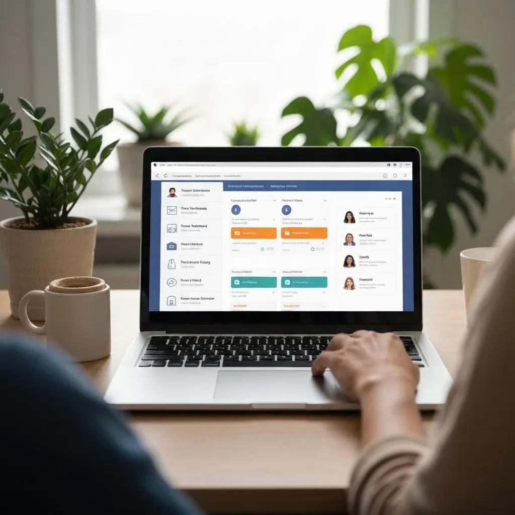 Landlord using tenant screening software on a laptop in a cozy home office