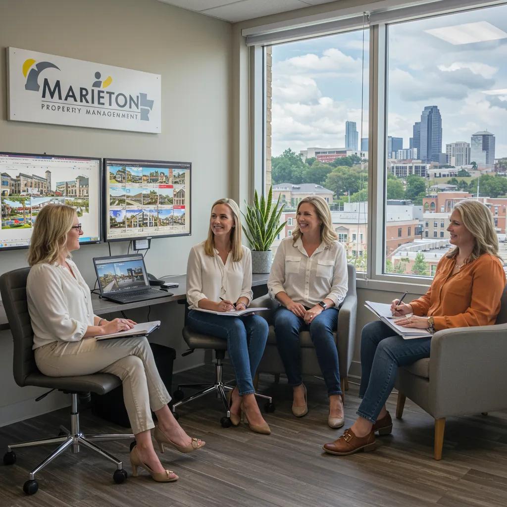 Modern property management office in Marietta, GA with a property manager and clients discussing rental options