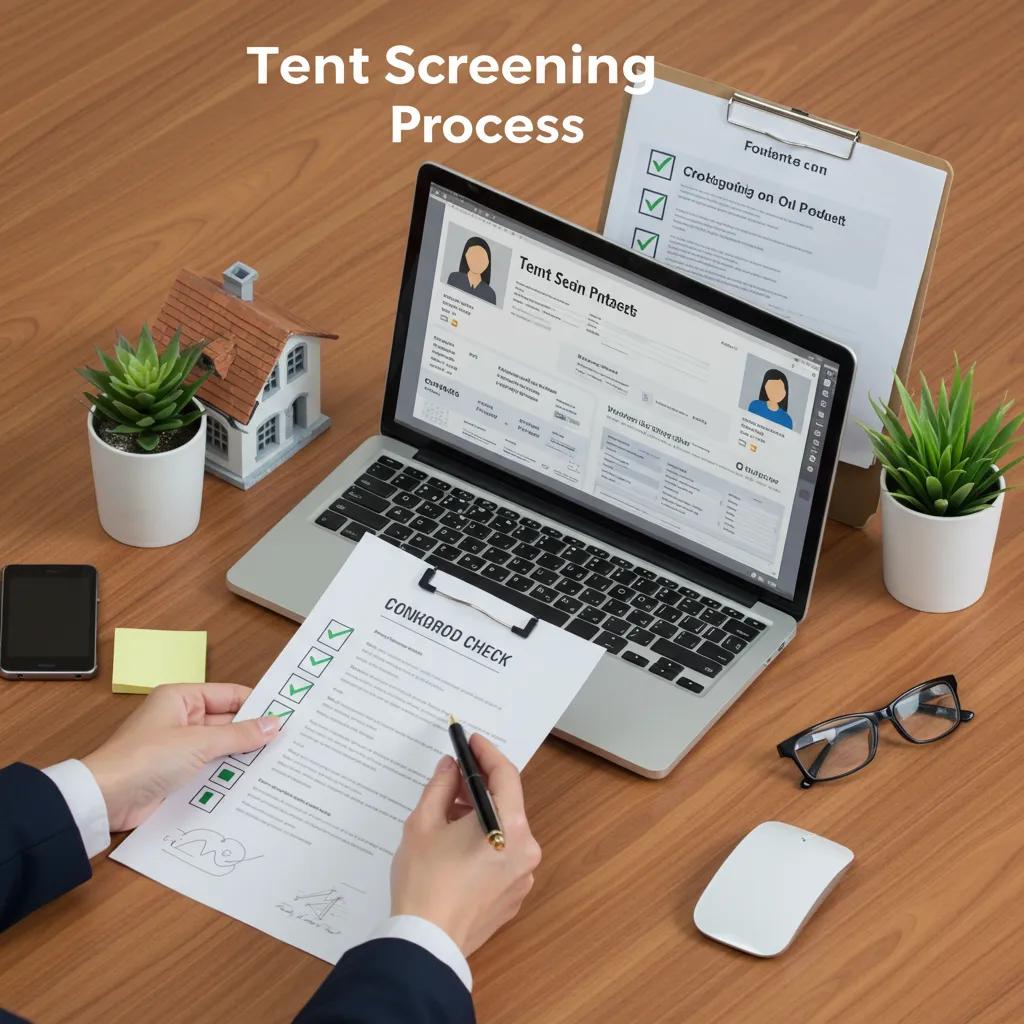 Property manager reviewing tenant applications and conducting background checks in a professional office setting