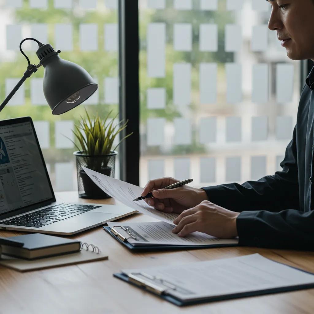 Property manager reviewing tenant applications in a professional office setting