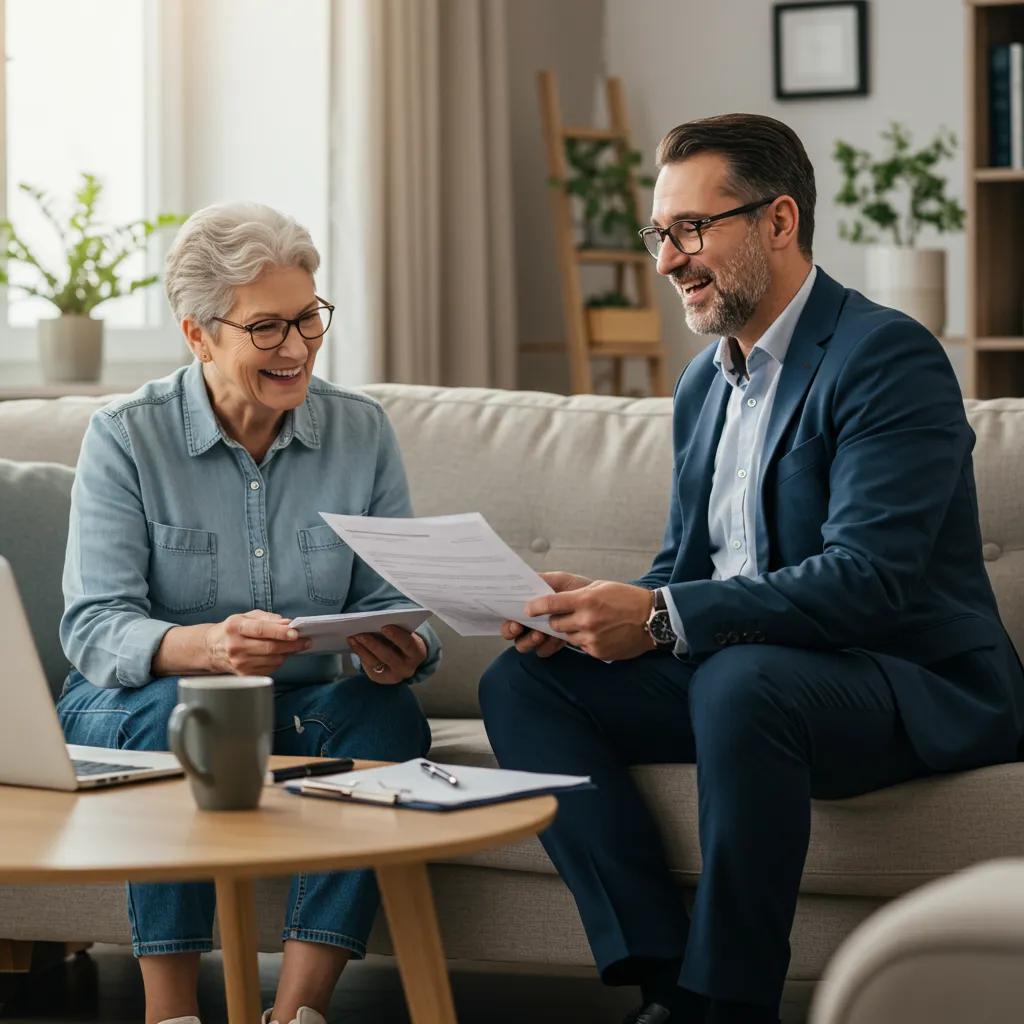 Landlord receiving financial report from property manager in a cozy home setting
