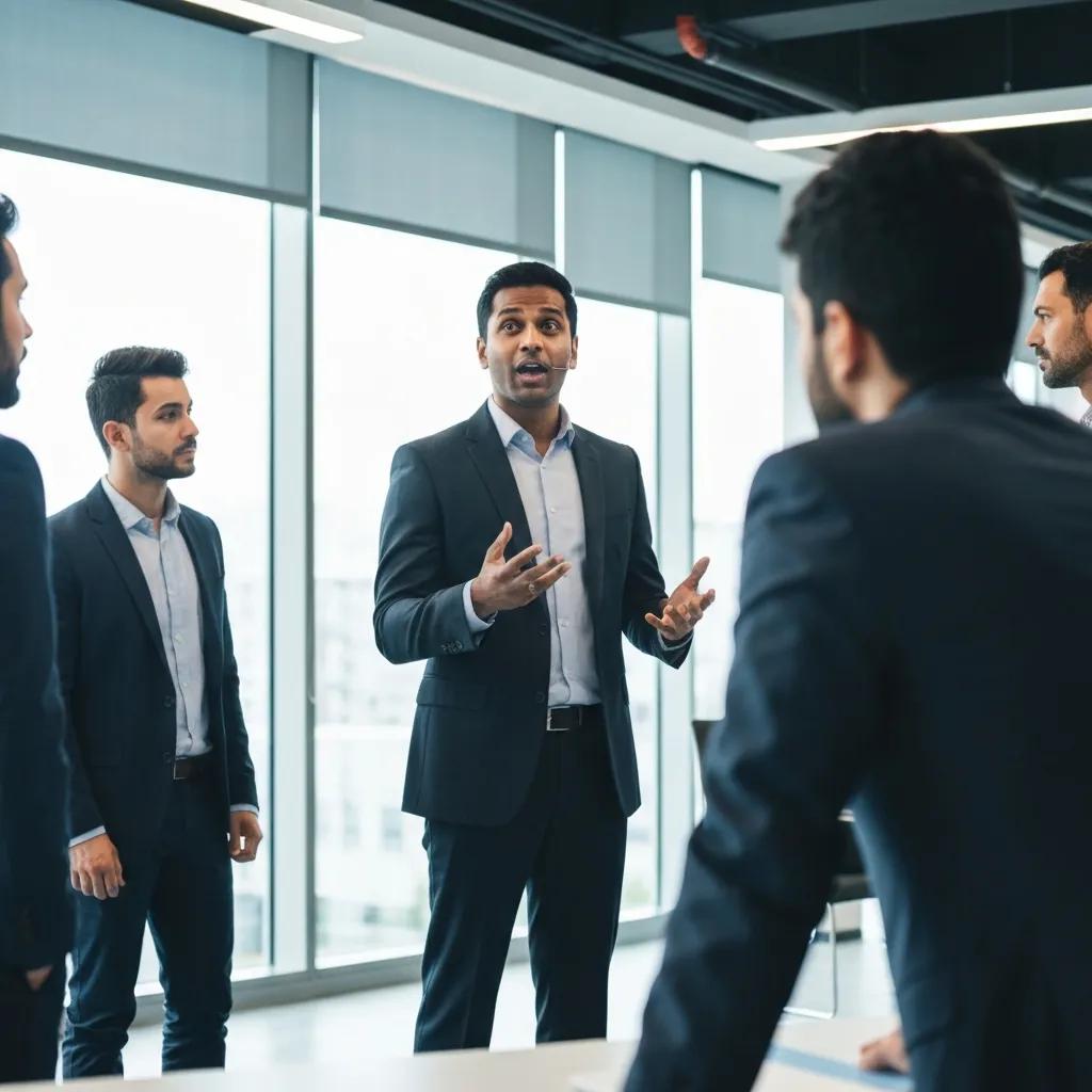 Property manager discussing smart home technology implementation with a team in an office