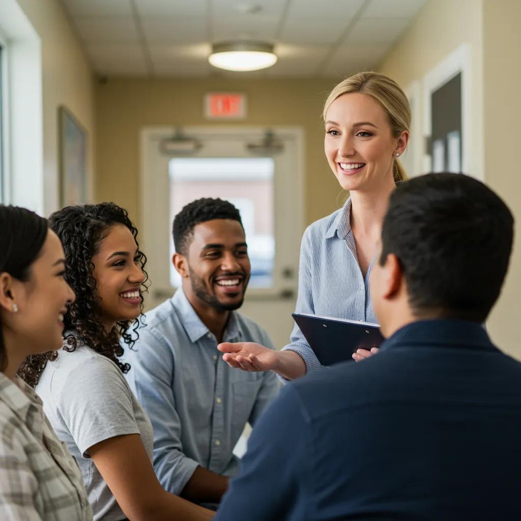 Property manager interacting with satisfied tenants to enhance retention