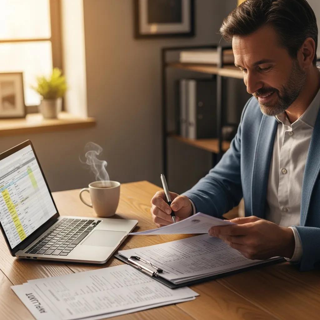 Landlord reviewing tenant applications with a checklist in a warm office setting
