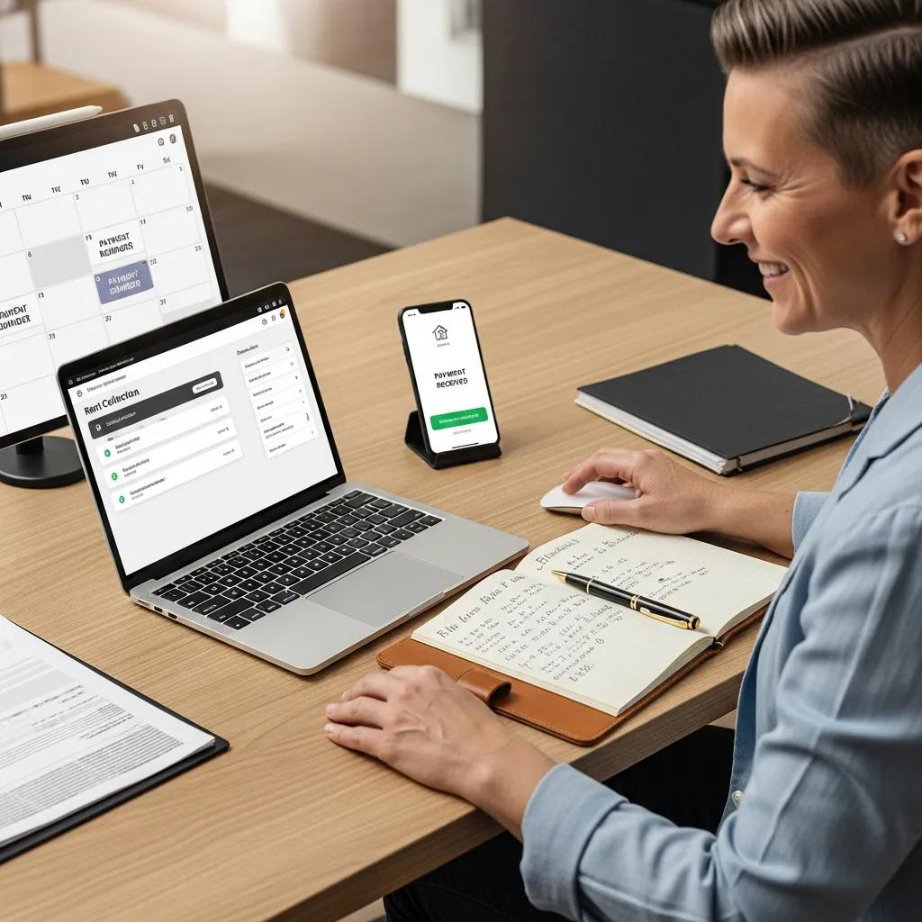 Landlord using an online payment system for efficient rent collection at a stylish desk